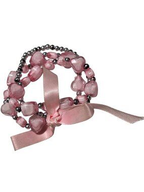Pink Heart Beaded Bracelet Ribbon Bow Accent Princess Coquette Fashion Jewelry